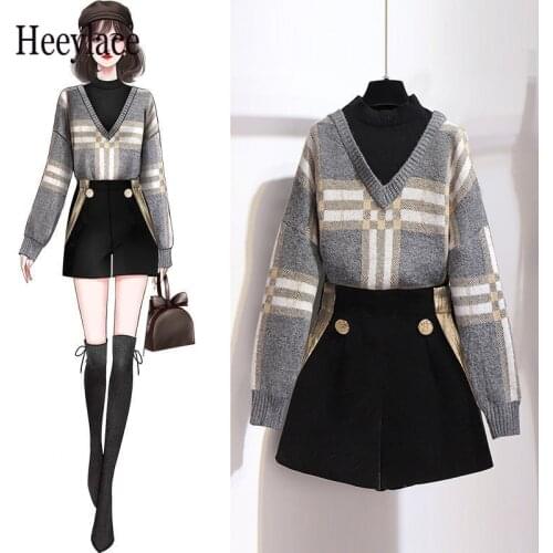 Plus Size Women Fall Winter Two Pieces Clothing Set Female Fake Two Patchwork Pullovers Sweater Tops + Shorts Sets korean Suits