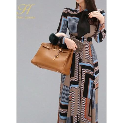 H Han Queen Vintage Print Elegant Long Dress Women 2019 Spring Single-breasted Shirt Dresses Waist Swing Ankle-length Vestidos