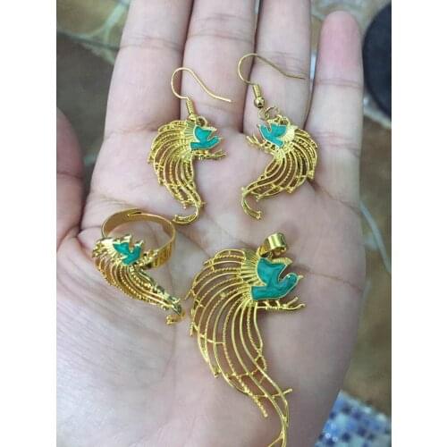 Gold PNG Jewellery Set crystallong tail bird Pendant Necklaces Earrings Papua New Guinea Wedding bridal party women girls gifts