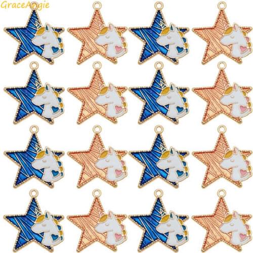 GraceAngie 10pcs 29*27mm New Blue Orange Enamel Charm Unicorn Star Pendants For Necklace Bag Decor Keychain Making Accessory