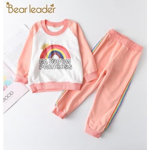 Bear Leader Children Girls Casual Clothing Sets 2021 New Spring Toddler Rainbow Cartoon Print Outfits 2PCS Kids Autumn Costumes