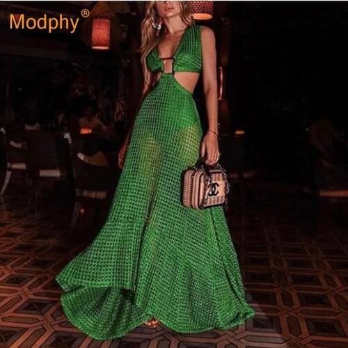 Free Shipping 2021 Women New Plus Size 3Xl Grid Swing Long Dress Sexy V-Neck Fishnet Hollow Casual Holiday Party Dresses Female