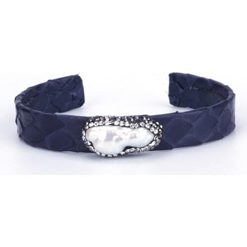 Natural Freshwater Big Pearl Bead Rhinestone Charm Dark Deep Blue Real Leather Wrap Adjustable Open Bracelet Cuff Bangle Women