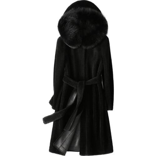 Long 3xl Lady Sheath Fox Fur Collar Wool Fur Coat Winter Women Jacket Fashion Black Thick Warm Outwear with Belt Sheepskin Coat