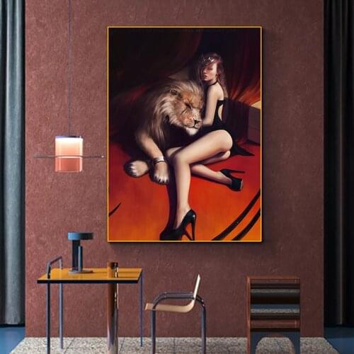 Circus Lion and Beauty Canvas Painting Sexy Beauty Poster Print Wall Art Picture Modern Living Room Bedroom Home Decoration