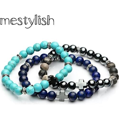 Mestylish 8mm Nature Hematite and lapis lazuli Nature Stone Beaded Cross Bracelet Men&Women Hematite Gallstone Cross Bracelets