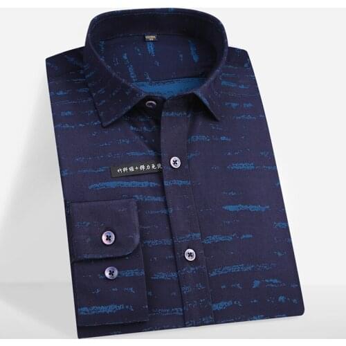 Bamboo Fiber Print Shirt Mens Long Sleeve Regular-Fit Easy Care Soft Stretch Non-Iron Dress Shirts