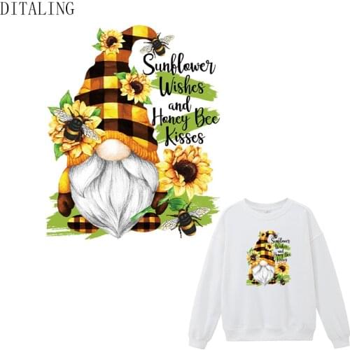Sunflower Gnome Patch DIY Washable T-Shirt Sticker Iron On Transfers Patches On Clothing Thermal Sticker Cute Honey Bee Applique