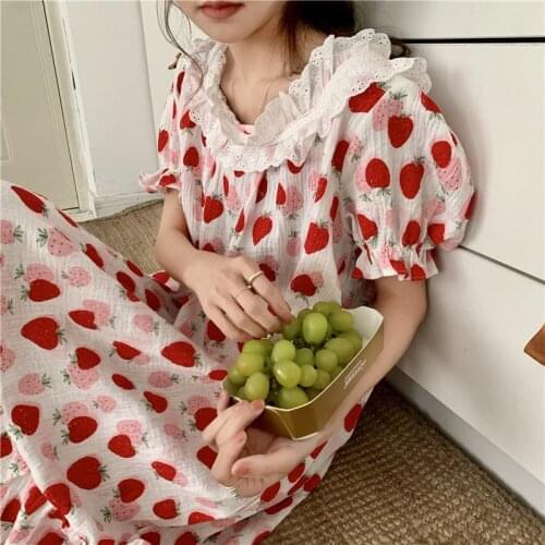 QOERLIN Nightgowns Girls Fashion Korean Style Comfortable Cotton Sweet Strawberry Lace Homewear Pajama Dress Ruffles Vestidos