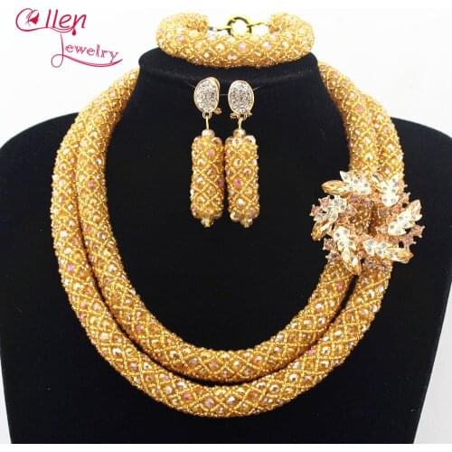 Newest Crystal Nigerian wedding bridal African Beads Mix Jewelry Set Handmade Necklace Sets Bracelet Earrings 2 layer N0029