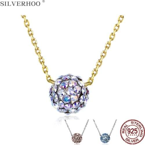 SILVERHOO 925 Sterling Silver Ball Pendant Necklace Colorful Austria Crystal Necklace For Women Romantic Festival Gift 3 Colors