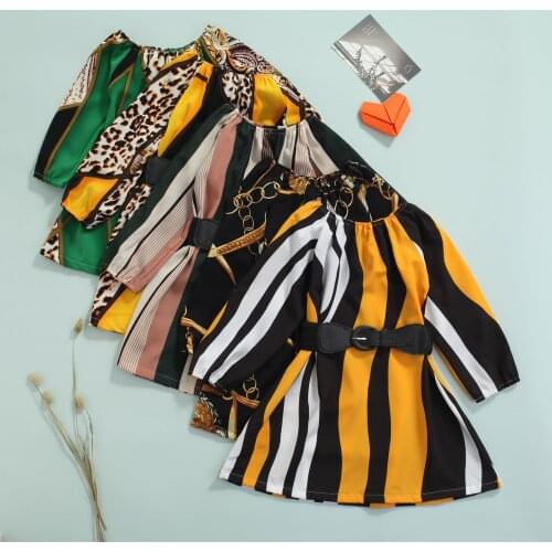 2-7Y Fashion Infant Baby Girls Dress Stripe Printed Round Collar Long Sleeve A-line Dress and Waistband Two-piece Clothes