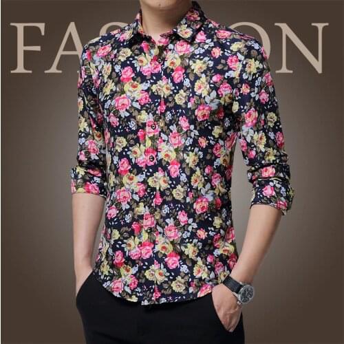 Slim Fit Sleeve Floral Shirt Mens Clothing Trend Casual Flower Men Retro Design Casual Roses Flowers Print Long Sleeves
