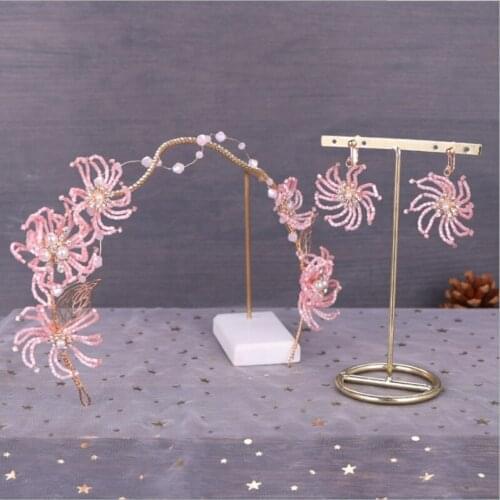 Pink Jewelry Set Bride Handmade Flower Headdress Hair Hoop Earrings Hairband Brides Marriage Jewelry Original Design Hot FD773