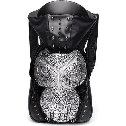 With a hat Backpack Fashion Rivet Men Shoulder Bag 3D Owl Pattern Pu Leather Backpack Travel Bag Hight Capacity Waterproof Cap