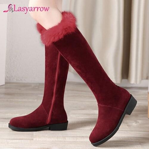 Lasyarrow 2020 hot sale knee high boots women flock zip thick fur winter boots round toe comfortable low heel casual shoes woman