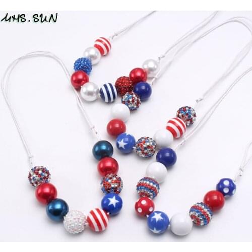 MHS.SUN Forth July Festival Chunky Beads Necklace Girls Child Adjustable Rope Necklace For Kids Party Handmade Jewelry Gift
