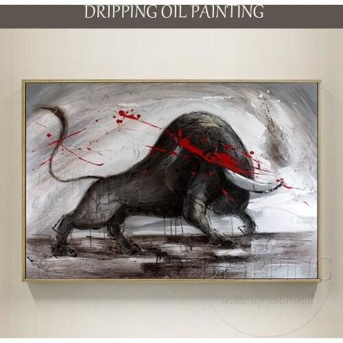High Quality Artist Hand-painted Animal Black Bull Oil Painting for Living Room Hand-painted Large Size Bull Oil Painting