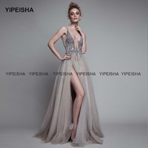 Yipeisha Sexy Backless Evening Gown Luxury Crystals High Slit Prom Dresses Deep V-neck Tulle Long Party Dress Robe de Soiree