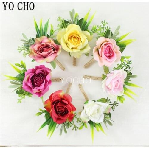 YO CHO Wedding Boutonniere Men Brooch Pins Bridal Wrist Corsage Silk Rose Flower Girl Bracelet Party Meeting Wedding Boutonniere
