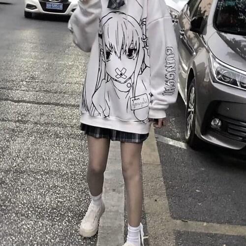 White Cartoon Hoodie Sweatshirt Girl Women Amine Hip Hop Punk Tops Cute Funny Oversize Korean High Street Gothic 2021 Hoodies