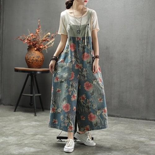 2021 Spring New Denim Suspender Pants Womens High Waist Loose Large Size Retro Printed Wide Leg Pants