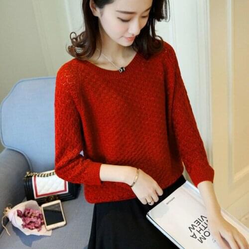 Spring And Autumn Womens New Round Neck Short Hollow Thin Loose Pullover Seven Point Sleeve Sweater Solid Color Bottomed Sweater