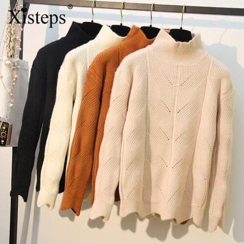 Xisteps Winter Thick Warm Woolen Knitted Turtleneck Pullovers Women Long Sleeve Loose Sweaters Hollow Out Solid Color