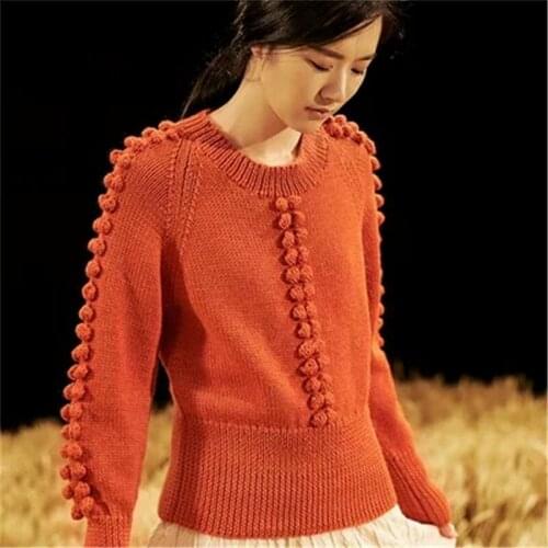 100% hand made pure wool Oneck knit women fashion solid loose short pullover sweater cute ball sleeve customized
