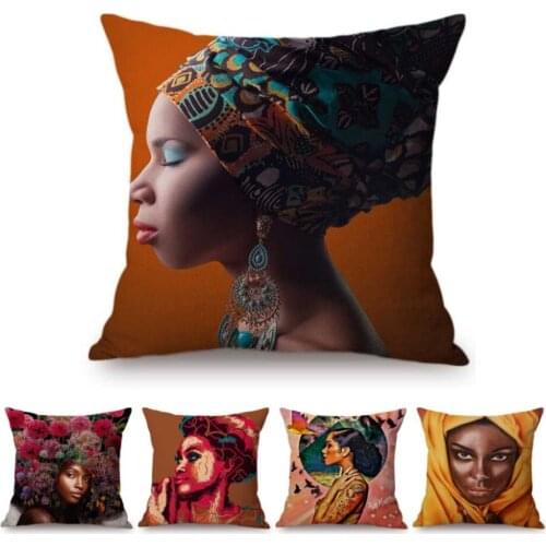 18" Black Girl African Woman Oil Painting Art Home Decorative Sofa Throw Pillow Case Cotton Linen Floral Head Girl Cushion Cover