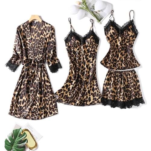 4pcs/ Set Leopard Pajamas Faux Silk Women Sexy Lace Summer Sleepwear Bathrobe Sling Skirt Shorts Satin Lady Pyjamas Homewear