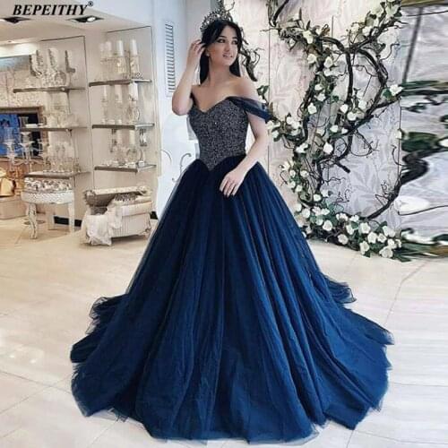 BEPEITHY Off The Shoulder Navy Blue Evening Dress Vestidos De Festa Sleeveless Ball Gown Prom Party Gown 2020 Robe De Soiree