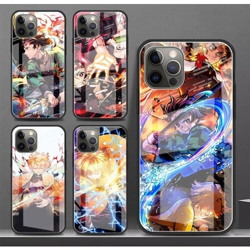 Tempered Glass Phone Case For Apple iPhone 12 11 Pro Max 7 8 Plus XR SE 2020 X XS 6 6S Silicone Frame Cover Demon Slayer Anime