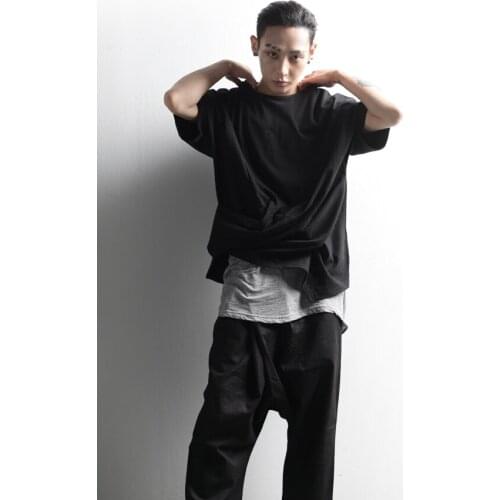 Summer casual mens T-shirt versatile loose ultra pure cotton side pleated short sleeve T-shirt summer big size top