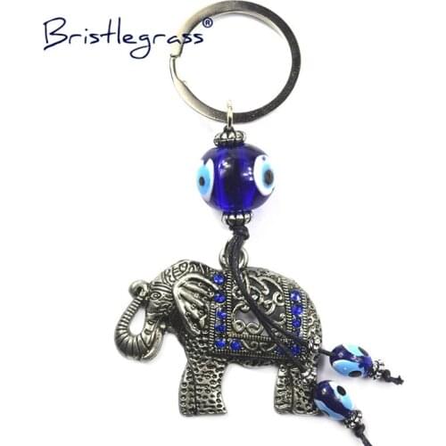 BRISTLEGRASS Turkish Blue Evil Eye Retro Elephant Key Chain Ring Holder Keychain Amulet Lucky Charm Pendant Blessing Protection