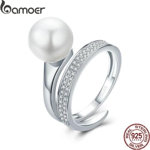 BAMOER Real 100% 925 Sterling Silver Elegant Round Geometric Finger Rings for Women Anniversary Engagement Ring Jewelry SCR231