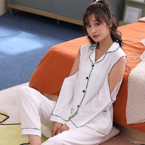 Korean Sexy Womens Pajamas Off-The-Shoulder Cardigan Trousers Loungewear 2 Pieces Set Turn-Down Collar Long-Sleeved Homewear