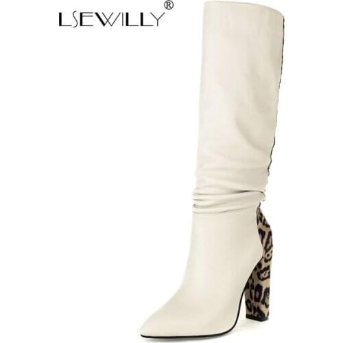 Lsewilly Fashion Pointed Toe Square High Heel Women Knee High Boots PU Leather Autumn Winter Ladies Boots Leopard Modem Boots
