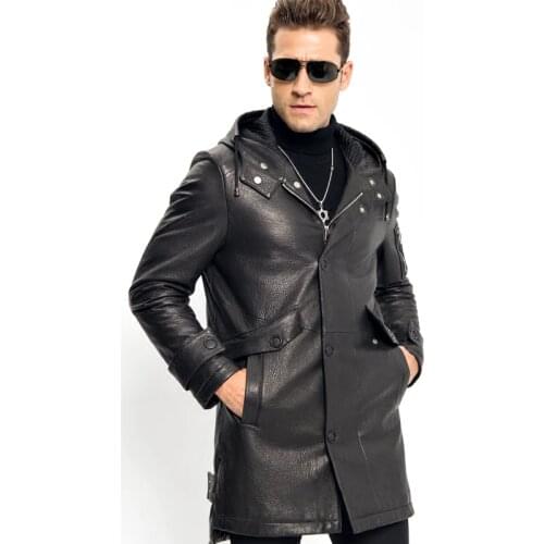 Black Leather Hooded Down Jacket Smart Casual Mens X-Long Down Coat Luxury 100% Sheepskin Military Style Long Parka