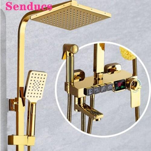 Digital Bath Shower Set Senducs Quality Brass Bathroom Shower Sprinkler Suit Rainfall Shower Head Gold Thermostatic Shower Sets