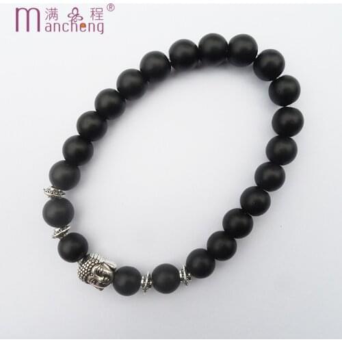 Natural Stone Vintage silver Lovers UFO Black Onyx Matte beads Buddhism Buddha head Yoga bracelet men women jewelry