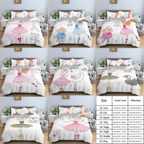 Lovely Ballet Swan Pattern Bedding Sets Duvet Cover Bedclothes Twin/Queen/King Size Bed Room For Kids Girls Comforter