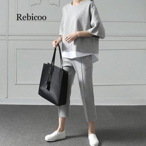 Autumn gray white Casual O-Neck Fake Two Pieces Top 3/4-Length Pants Two-piece Sets Loose Splits Sleeve Cotton Suits