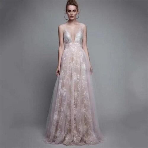 Bridesmaid Wedding Chrismas Backless Deep V Collar Date Shine Dresses White Long Dress Party Dress