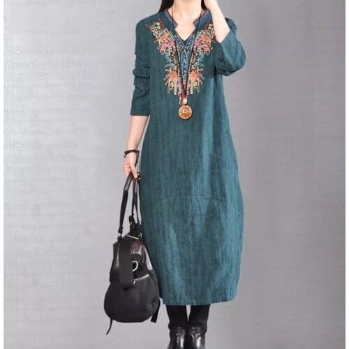 Autumn Dress Women Robe Femme Flower Embroidered Cotton Linen Y2K Dresses For Womens Clothing 2021 Vestido De Mujer Plus Size