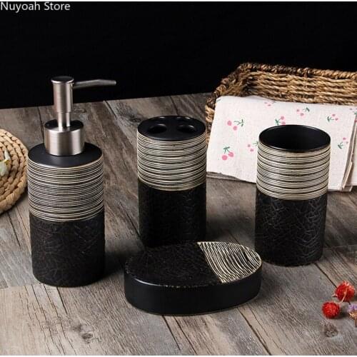 Bathroom Supplies Handicraft Black Ceramic Toothbrush Cup Lotion Bottle Toothbrush Holder Set Light Luxury Bathroom Decoration