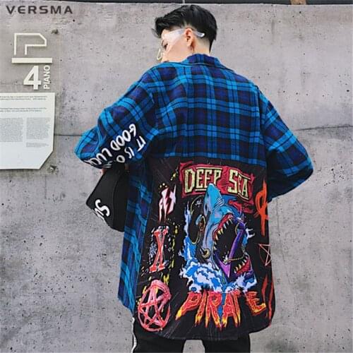 VERSMA High Street Hip Hop Graffiti Printed Patchwork Plaid Shirt Men Japanese Harajuku BF Vintage Checkered Shirts Dropshipping