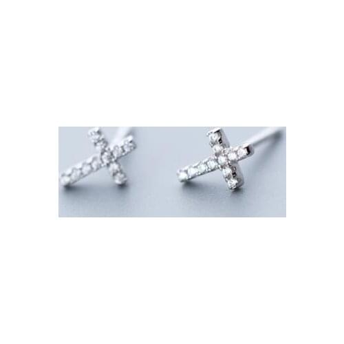 8mm*6MM 100% Authentic Real 100% 925 Sterling Silver Jewelry Ear-bone Piercing CZ Set Cross Religion ear Stud Earrings C-E9773