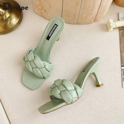 Dihope 2021 Summer Women Slippers High Heels Slides Leather Weave Mules Platform Slippers Luxury Designer Pumps Womens Shoes