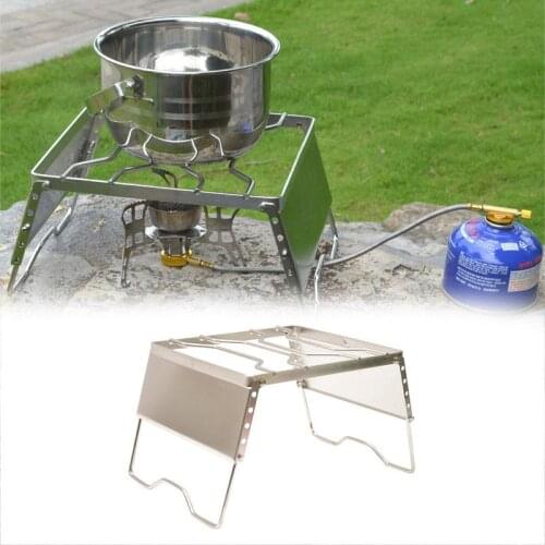 Outdoor Windproof Camping Pot Rack Portable Stainless Steel Burner Bracket Grill Set Pot Roast Pan Bracket with Windshield